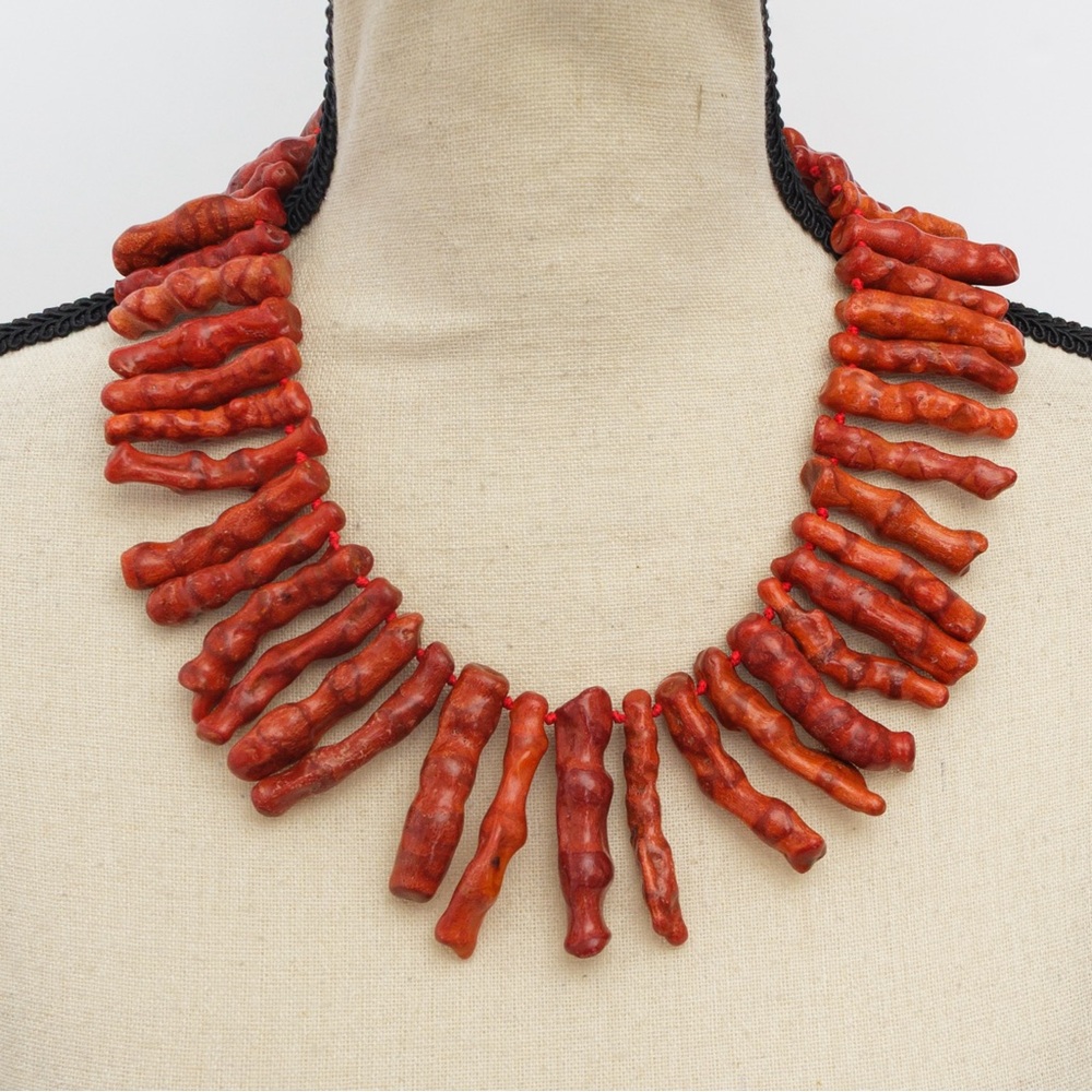 Red branch coral statement necklace hand knotted branch twig & sterling silver